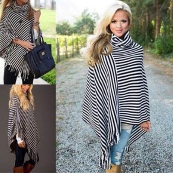 Sweaters - 🔥SALE🔥Striped Poncho Wrap in Navy Black and Gray